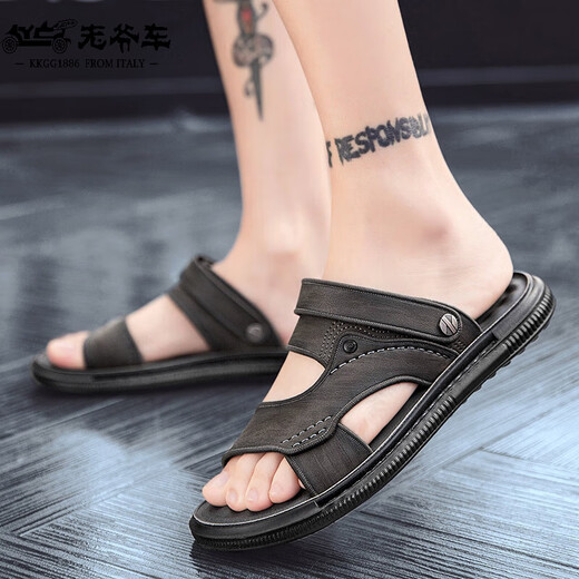 Classic car slippers men's 2025 new dual-purpose leather sandals trendy driving outdoor wearing men's sandals summer waterproof sandals 9715 khaki 38