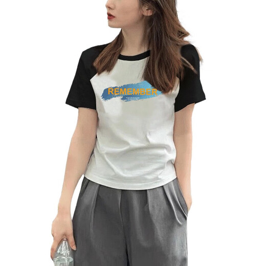 GTYUWVG时尚小个子女士纯棉短袖t恤女2025年新款夏季正肩拼色体恤上衣服 6227白色/黑色插肩款短袖 S