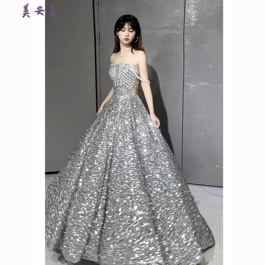 Mei Anjia starry sky sequined evening dress with light luxury temperament annual meeting host engagement wedding dress toasting dress bride silver sequin style XL