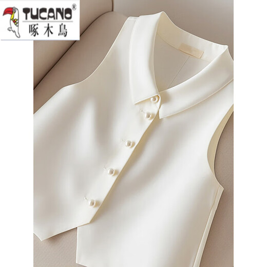 Holzspecker (Tucano) Neues französisches Licht Luxusstil Polo Kragen weiße Weste Jacke für Frauen Design Nische Sommer Chic ärmellose Top White M.
