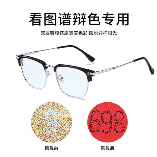 红绿高清色盲色弱眼镜 看色盲图谱开车日常佩戴 色盲色弱矫正改善 黑银框【双面镀膜近似透】 0度平光镜【送镜盒+布+测试卡】