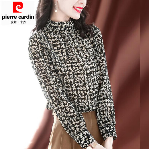 Pierre Cardin Spring 2025 New Spring Autumn Bottoming Top Shirt Chiffon Women's Shirt Spring and Autumn Floral High Neck Color Counter Western Style 3XL