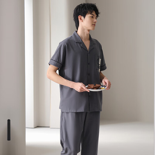 浪莎条纹睡衣男夏季纯棉短袖长裤高级感休闲宽松开衫家居服套装可外穿 848男 L