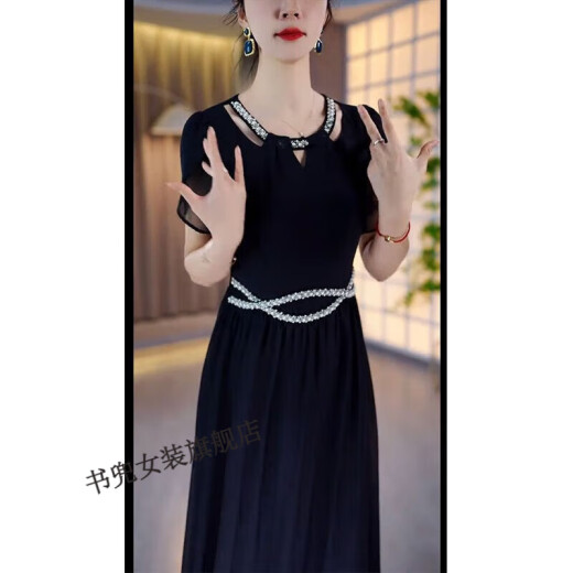 Shudou Frauen kurzärmelig High-End-Mode-Rock-Rock modisches Kleid für Frauen 2025 Sommerstil Taille mit Bauch 13662-Black M Empfohlen 80-95jin [Jin entspricht 0,5 kg]