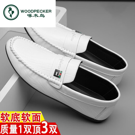 啄木鸟豆豆鞋男夏季新款软皮韩版百搭男士休闲透气皮鞋一脚蹬驾车懒人鞋 825白色 44 (脚宽脚肥拍大一码)