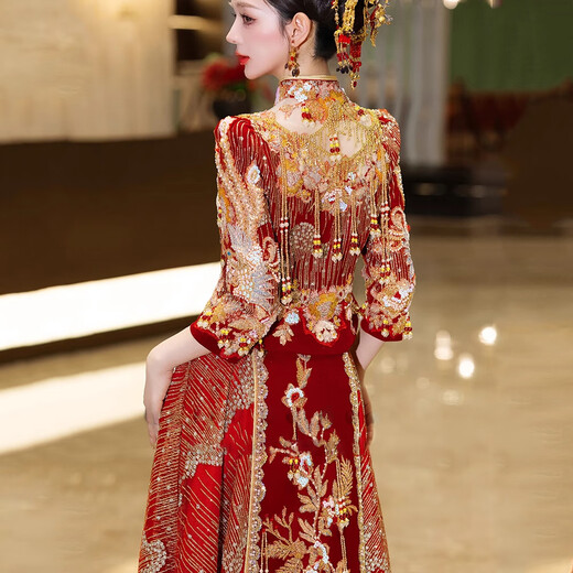 枝己秀禾服婚纱新娘主纱高档2025新款订婚服装新中式结婚礼服敬酒服 HF063 S