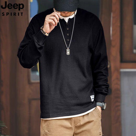 JEEP SPIRIT Jeep American Henry collar polo shirt for men in autumn pure cotton casual bottoming shirt sweatshirt for men loose long-sleeved T-shirt black L recommended 105-120Jin Jin equals 0.5 kg