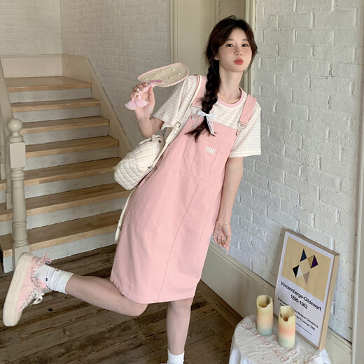 
La Chapelle pink dress strap skirt suit for women 2025 summer new girl age-reducing striped T-shirt two-piece set T-shirt + strap skirt S