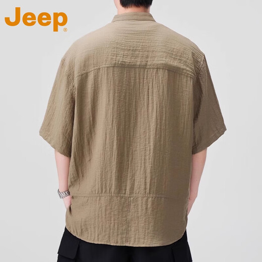 Jeep Jeep ice silk linen short-sleeved shirt men's summer thin henley collar half cardigan loose trendy shirt khaki official authentic L Recommended 120-140Jin Jin equals 0.5 kg