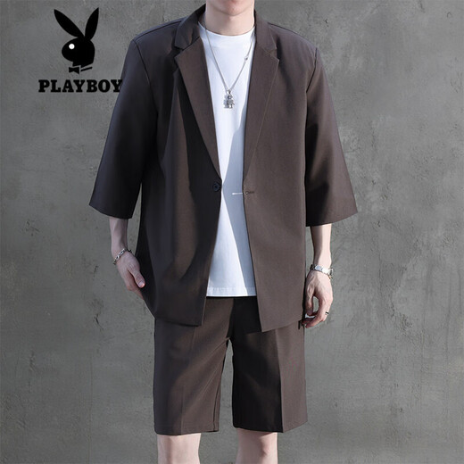 
Playboy (PLAYBOY) 2-piece short-sleeved suit for boys 2025 summer new suit jacket with five-point trousers for men dark gray S