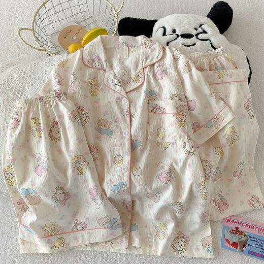 UKUHPK Summer Pyjamas Frauen Wolken Baumwolle 120g Lapel Cardigan Kurzarm Shorts Hosen dreiköpfige Set niedliche Heimkleidung 9901# Pink Border Mike M.