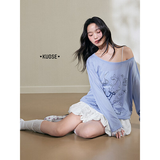 Breite Farbe (Kuose) weiße Off-Shoulder-Top-Langarmbluse gedrucktes T-Shirt 2025 Sommer Beach Outfit Neue Frauenkleidung Blau Weiß SM Gepostet am 23. Juli m