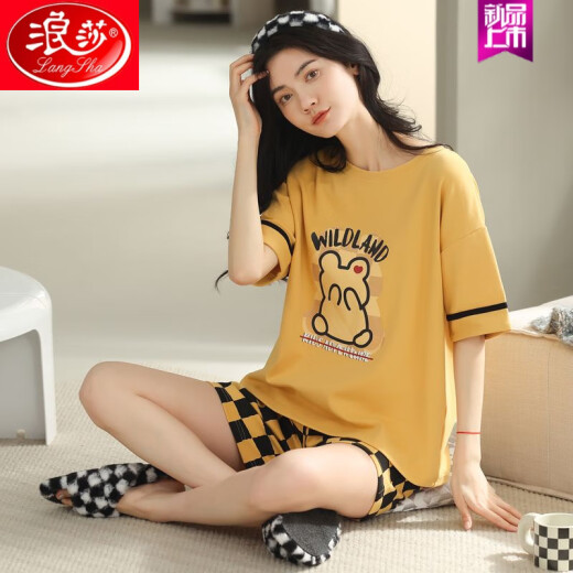 Langsha 2025 Neue pure Baumwollpyjama für Frauen in Sommer-Kurzärmel-Streifen können außen getragen werden. 9854 (Set) M empfohlen 80-100jin [Jin ist 0,5 kg]