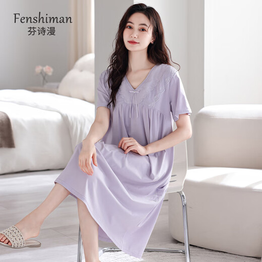 Fenshiman nightgown with chest pad for women for summer pure cotton short sleeves 2025 new mother style summer pregnant women summer high-end pajamas 701 taro purple [with chest pad] L