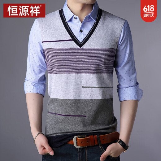 Hengyuanxiang im mittleren Alter Herbst Herbst reines Baumwoll-Langarm-T-Shirt für Männer für Männer, die gefälschte zweiteilige Hemdkragen geschäftlich gestrickt wurden.