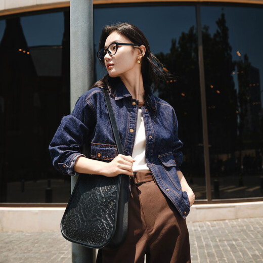 Ep Yaying 2025 Nouveau produit du début de l'automne, Long Velvet Cotton Retro Washing Denim Veste courte Jeste J103A Navy S