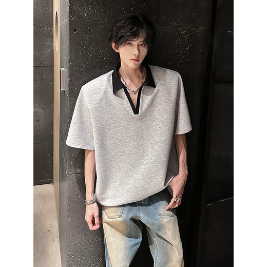 7 high-quality cleanfit shoulder pad short-sleeved T-shirt for men's summer new front-shoulder polo shirt heavy loose half-sleeved top for men WYN-733 gray XL
