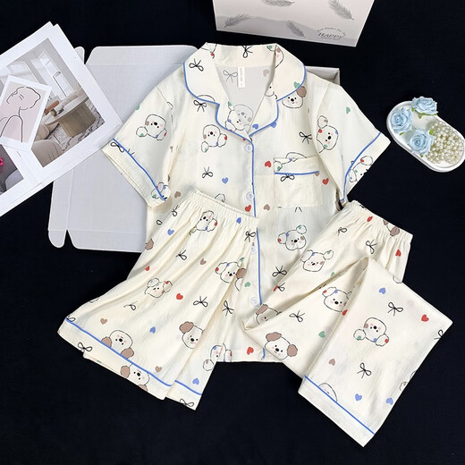 FENTENG (FENTENG) three-piece pajamas for women in summer 2025 new internet celebrity style spring and autumn cloud cotton short-sleeved short-sleeved long trousers home clothes 9922# cloud cotton three-piece set M 70-95Jin [Jin equals 0.5 kg]