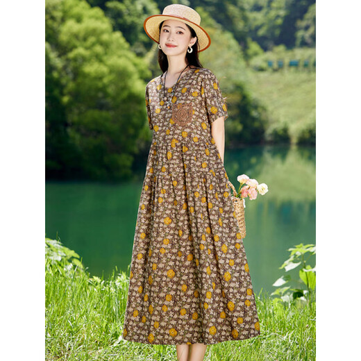 XAE奢侈高档品牌短袖连衣裙女2025夏季新款复古宽松休闲显瘦碎花裙 米色 XL 建议120-130斤