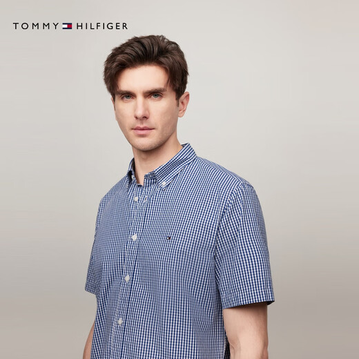 TOMMY HILFIGER【透气府绸】夏季男纯棉商务休闲复古格纹短袖衬衫外套35440 蓝白格纹C5J 2XL （推荐：180-200斤）