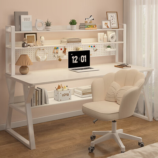 Desktop hole board computer table home desk bookshelf integrated table office desk study table bedroom e-sports table and chair 140CM milk white
