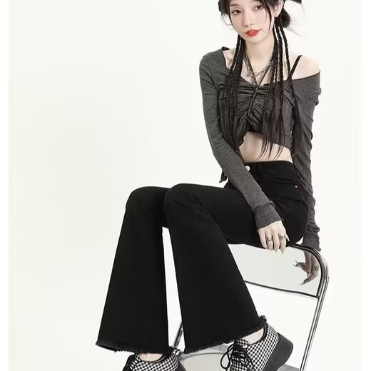 Lat edged micro-flare jeans for women in spring and autumn new high-waisted slim fit elastic large size drooping floor pants DM Yizhan A826 black M