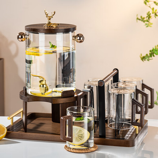 Flower language four seasons high borosilicate glass cold water kettle, high temperature resistant cold water bucket household set, large capacity solid wood lid with faucet beverage bucket, wooden lid bucket 3.6L + base