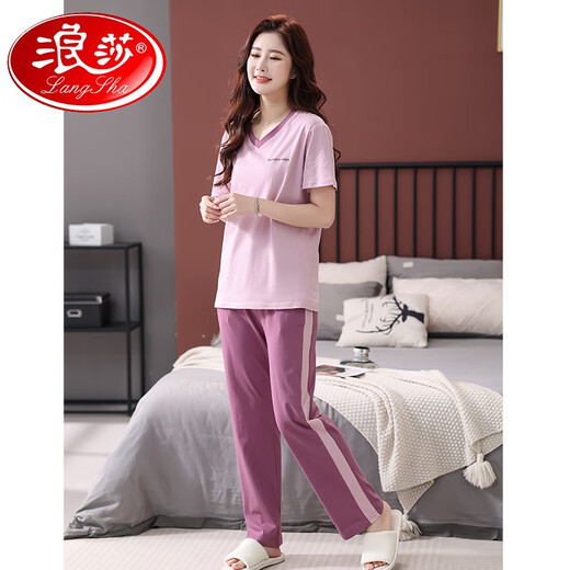 Langsha pijama para mujeres pantalones de manga corta de algodón puro en el verano 2025 juego de ropa casera nueva casual, cómodo y simple, se puede usar fuera de 7374 pasta de frijoles en polvo M 80-100Jin [Jin iguala 0.5 kg]