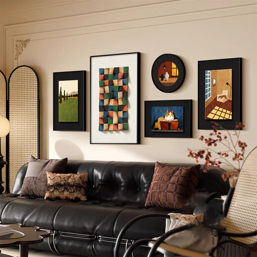 French mid-century style living room decorative painting, advanced art combination mural, Maillard retro sofa background wall hanging painting, colorful time, small size, total length about 160cm, crystal porcelain painting + aluminum alloy black frame + round PVC black frame