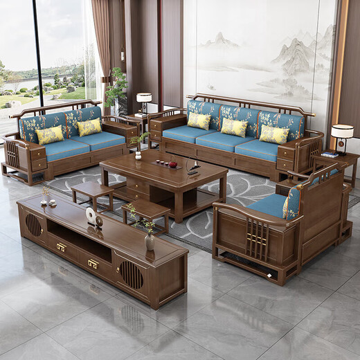 Sala de estar de madera maciza de yayuan nueva combinación de telas de estilo chino de estilo chino Light Luxury Small Apartment Muebles 9906 [Combinación] 1+1+3 [Algodón] Cubierta de algodón y lino