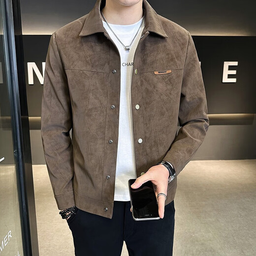 Spring and Autumn Jacket Men's 2026 New Style Young Handsome Fashion Brand Buckskin Velvet Autumn Clothes Men's Jacket Brown 2XL Recommended 130-145Jin Jin equals 0.5kg