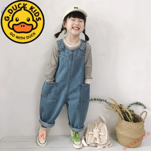 G.DUCKKIDS儿童裤子韩版春秋新品2025女童背带裤宽松牛仔宝宝可爱大PP连体裤 浅蓝色宝宝背带裤 100 cm