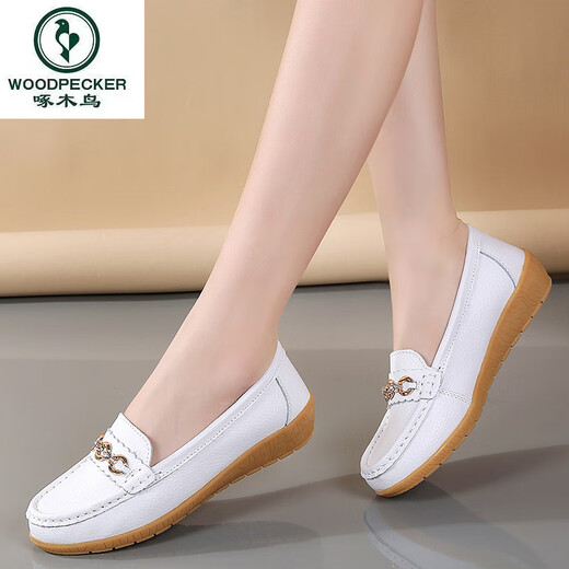 Pecker Généralités en cuir chaussures plates pour femmes Round Te Chaussures mère chaussures haricots haricots doux semelles légères femmes chaussures célibataires de bœuf Tendon semelle infirmière chaussures 6630 blanc 40
