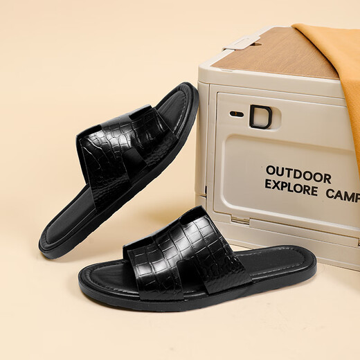 Walker Shop Slippers Men's 2025 Summer Nuevo cuero genuino al aire libre Flops sin deslizamiento sandalias de hombres al aire libre y modernas negras 38 (tamaño de zapato de cuero)