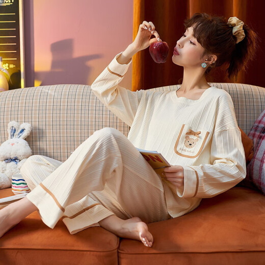 睡衣女春秋款长袖棉质套装2025年新款学生ins风秋冬季宽松家居服 J9926 M