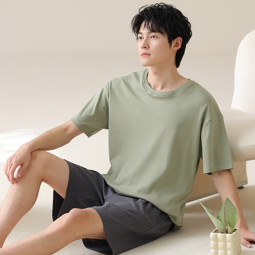 猫人男士睡衣男夏季纯棉100%全棉短袖短裤套装男生宽松大码圆领家居服 绿色13601 XL 【推荐120-140斤】