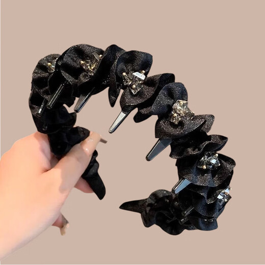 Princess of Paris headband for women 2025 new high-end rhinestone light luxury fashion fluffy high skull hairpin face wash headband black pleated rhinestone headband