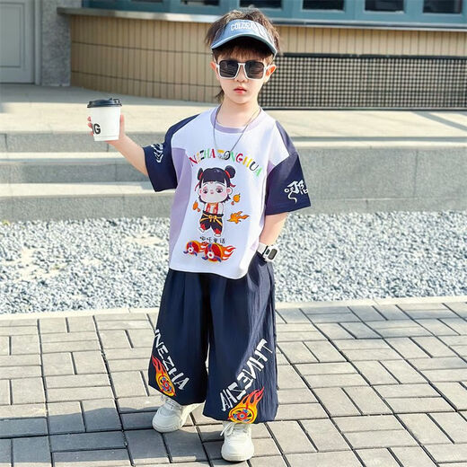 男童套装夏装2025新款中小童哪吒衣服儿童薄款两件套潮酷男孩t恤 825款-【紫色套装】 120  尺码 建议咨询客服