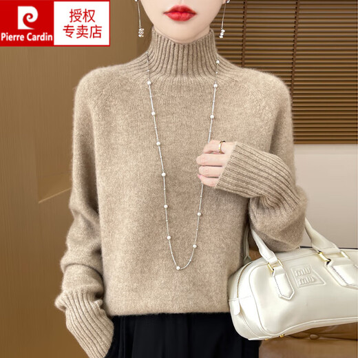 Pierre Cardin 100% pure wool sweater thickened turtleneck bottoming shirt for women 2025 autumn and winter new style loose large size knitted sweater raw velvet rice M (90-105Jin Jin is equal to 0.5kg)