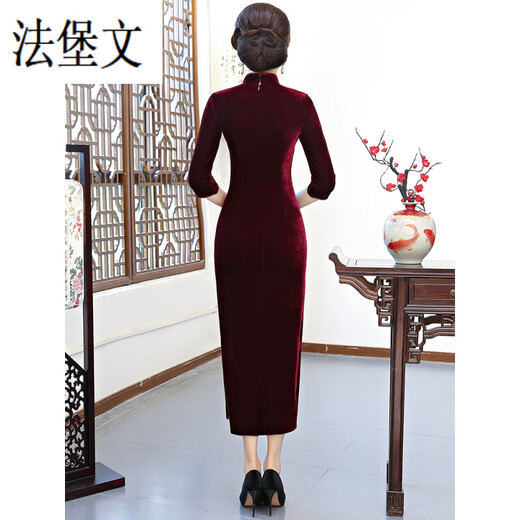 法堡文金丝绒旗袍高档旗袍结婚妈妈婚礼服礼服连衣裙洋气婚宴喜婆婆晚礼 酒红色七分袖9276 M 建议90-斤