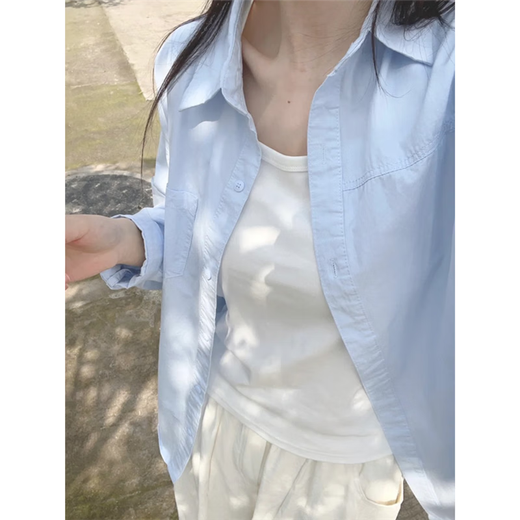 Pure cotton blue shirt for women spring and autumn 2026 new style long-sleeved shirt inside the lapel and Korean style top for small people, blue XL