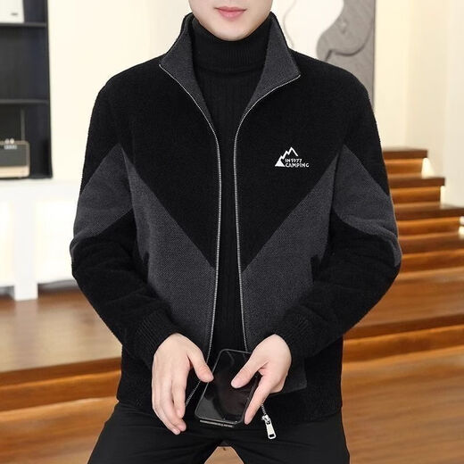 FELALWEN autumn and winter men's coat stand collar short windbreaker jacket high-end woolen coat men's thickened color-blocked woolen coat black gray L 110-130Jin Jin equals 0.5 kg