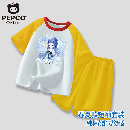 小猪班纳男童女童纯棉短袖短裤夏季哪吒敖丙套装插肩T恤运动短裤 粉色-哪吒 （套装） 130 建议身高120-130CM