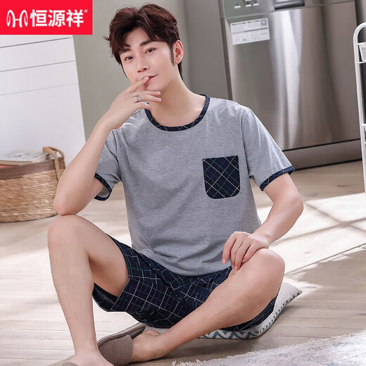 Hengyuanxiang men's pajamas summer cotton short-sleeved shorts youth and middle-aged casual plus size summer thin home clothing set HD9922 [short-sleeved shorts set] L [100-130Jin [Jin equals 0.5 kg]]