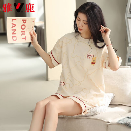 雅鹿轻奢2025睡衣女款夏季纯棉短袖短裤可外穿年新款全棉家居服套装 9855 M