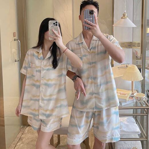 Strickjackenpaar Pyjama für Frauen Sommerklimaanlage Kleidung für Männer Baumwolle Hauskleidung für Männer Baumwollseide Männer können kurzärmelige Baumwollanzug Dünn 9902 Krawatten-Dye Amber L tragen
