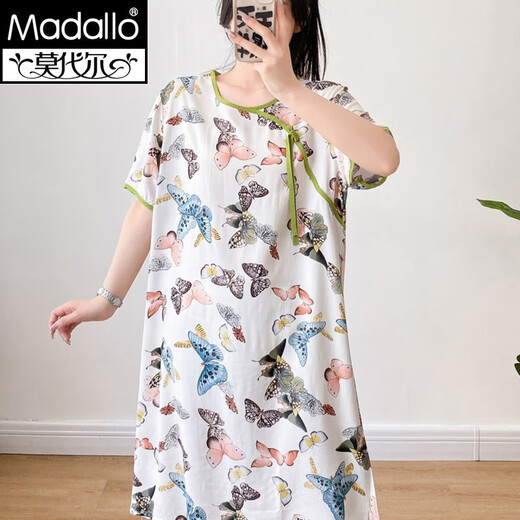 Modal cotton silk nightgown for women 2025 summer thin loose large size new mid-sleeved round neck short-sleeved pajamas artificial cotton home clothes Green branches and leaves A13781 single size (suitable for 95-155Jin [Jin equals 0.5 kg])