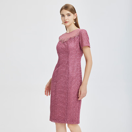 Ma Tiannu Spring and Summer New Pink Embroidered Lace Short Sleeve Dress Gown Hip MTS738DR0 Pink S