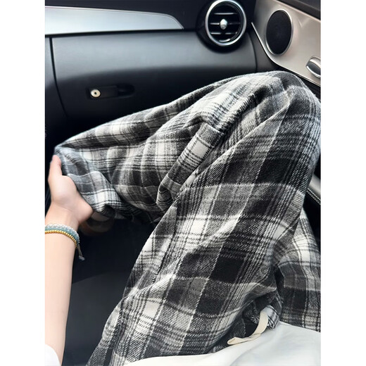 CLOR autumn and winter plaid casual pants men's American fashion brand loose retro contrast color versatile straight pants CL87 black plaid 2XL