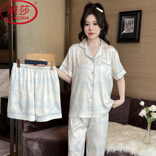 浪莎（LangSha）冰丝睡衣女士夏季凉感薄款短袖长裤加大码200斤家居服高级感套装 695#水墨画三件套装 L (建议100-115斤)